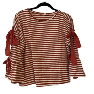 COVERSTITCH Striped Short Bell Sleeves with Bow Accents White Dark Burnt Orange